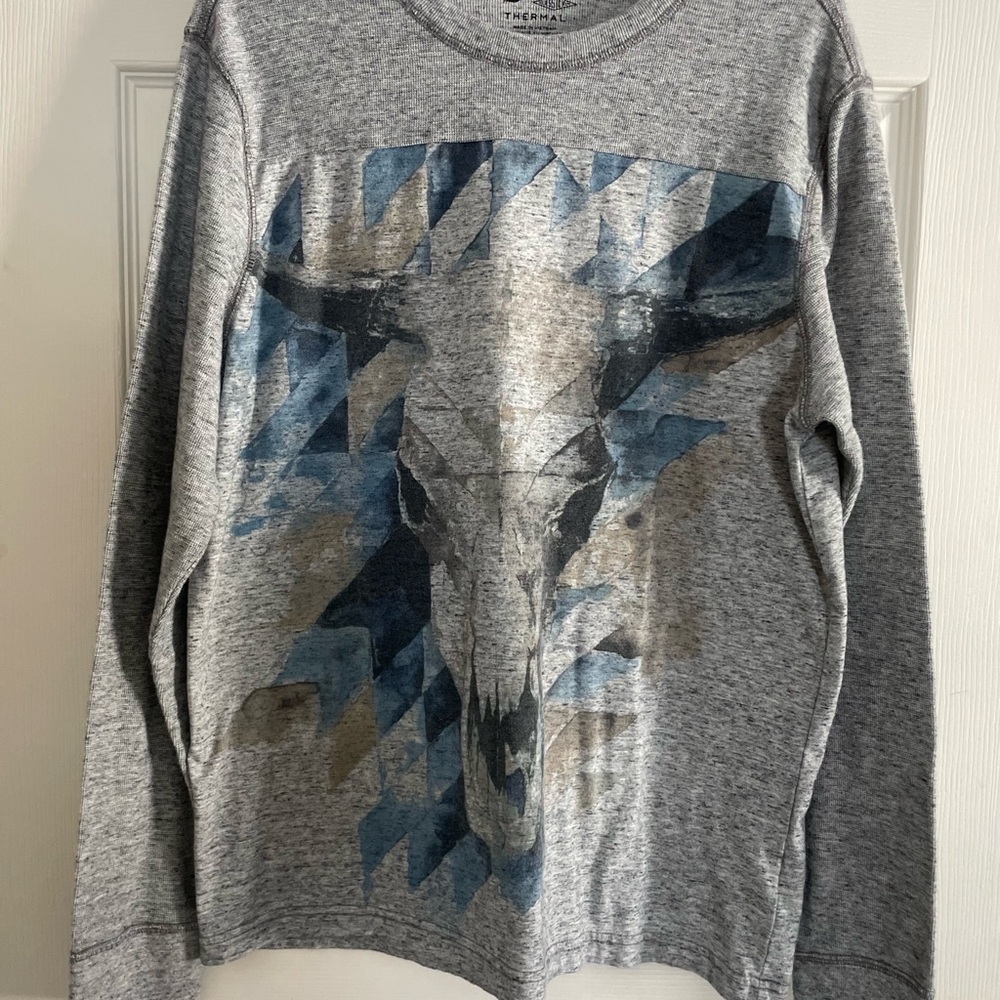 American Eagle Outfitters Gray Long Sleeve Tee with Blue Graphic